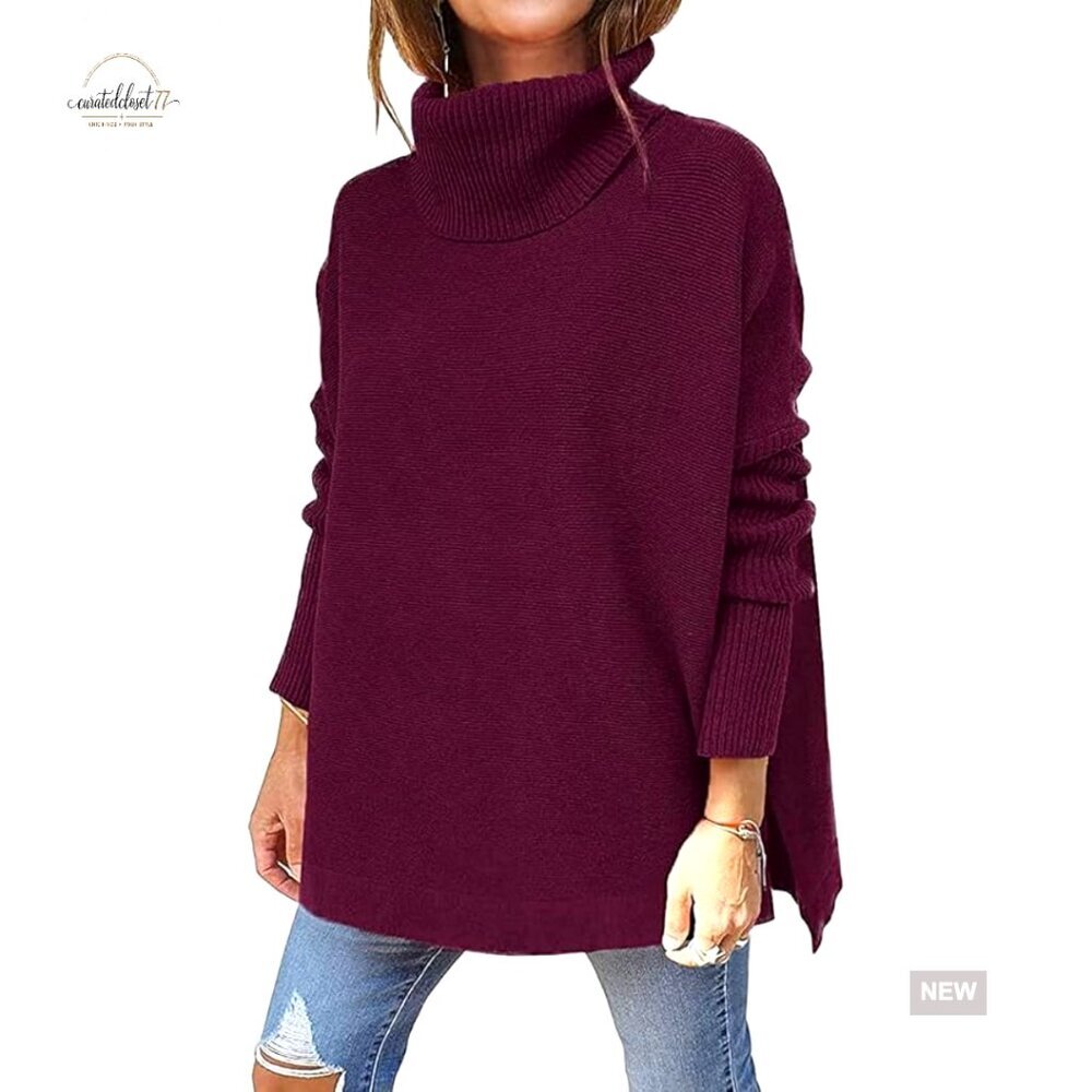 Oversized Turtleneck Sweater with Batwing Sleeves and Split Hem